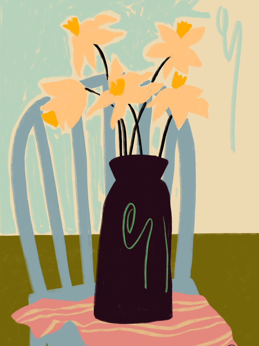 Illustration einer Vase mit gelben Narzissen auf einem Stuhl vor einem hellblauen Hintergrund.