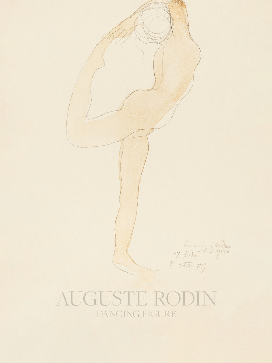 Illustration einer tanzenden nackten Frau auf beigem Hintergrund mit dem Text "Auguste Rodin Dancing Figure" darunter.