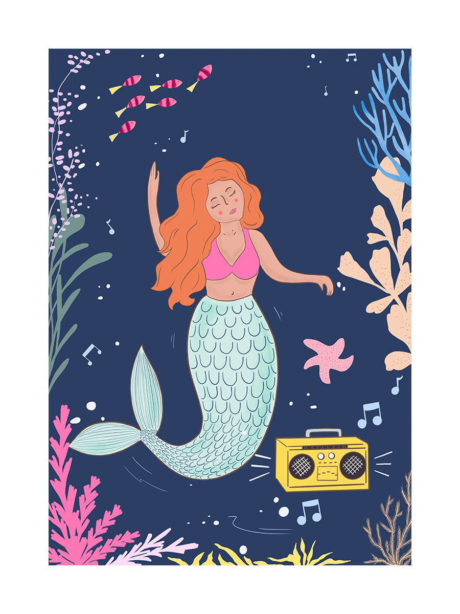 Illustration einer Meerjungfrau mit roten Haaren, die Musik hört, umgeben von Fischen und Pflanzen.