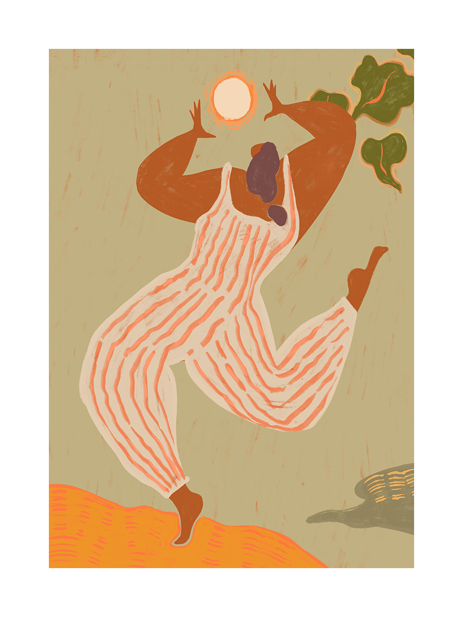 Illustration einer Frau in einem gestreiften Overall, die die Sonne in den Händen hält.