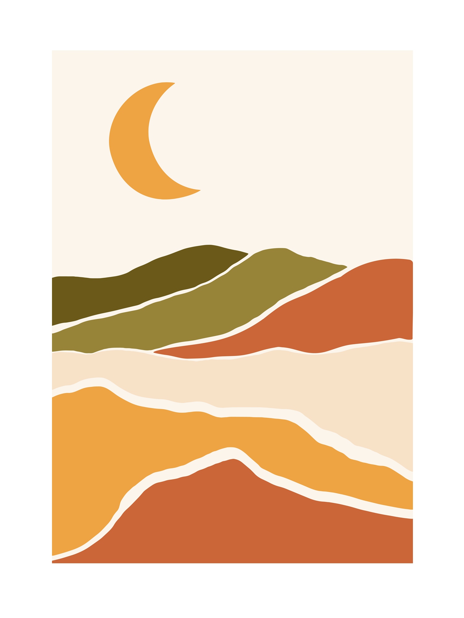 Grafische Illustration einer Landschaft mit einem Mond über farbigen Hügeln.