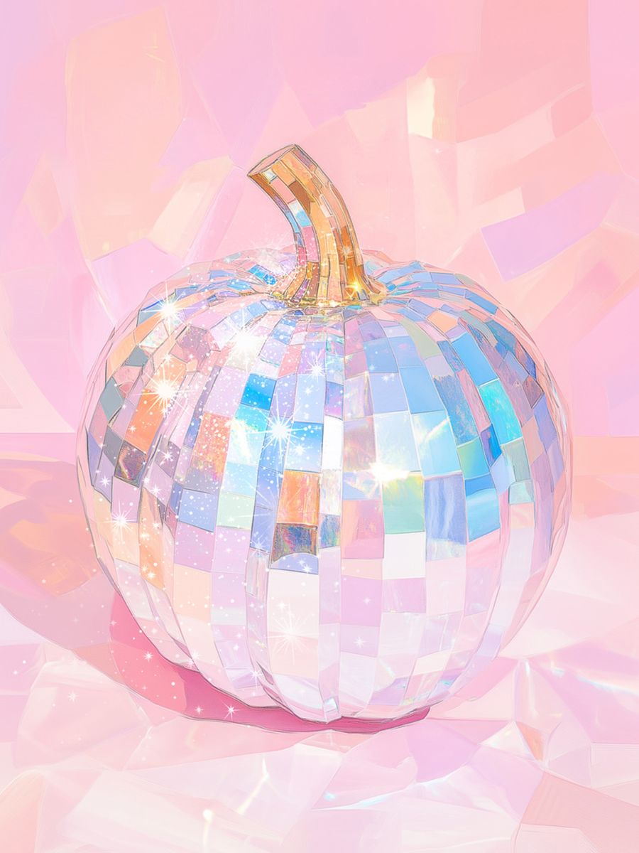 Ein Kürbis aus schillernden Spiegeln mit goldenem Stiel vor einem rosa geometrischen Hintergrund.