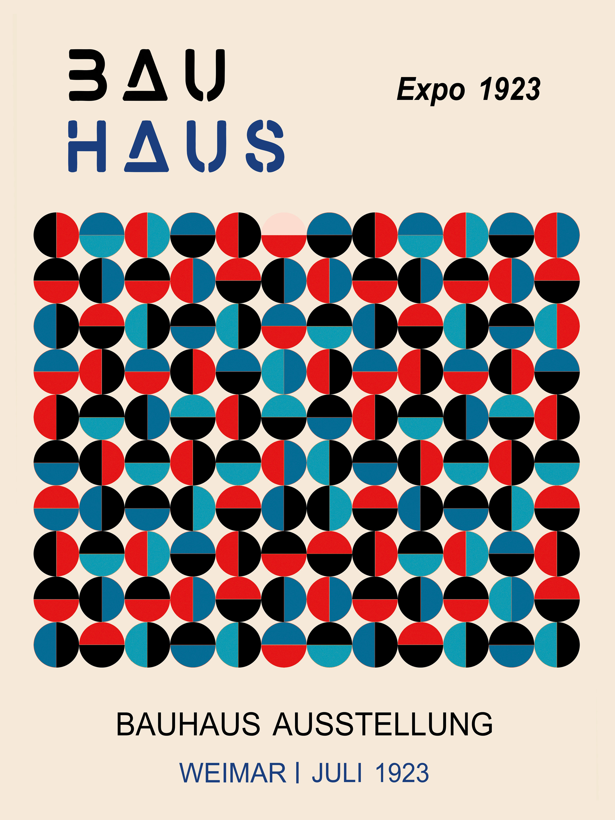 Poster mit geometrischen Formen in Rot, Blau und Schwarz auf beigem Hintergrund, mit dem Text „Bauhaus Ausstellung“ und „Weimar | Juli 1923“.