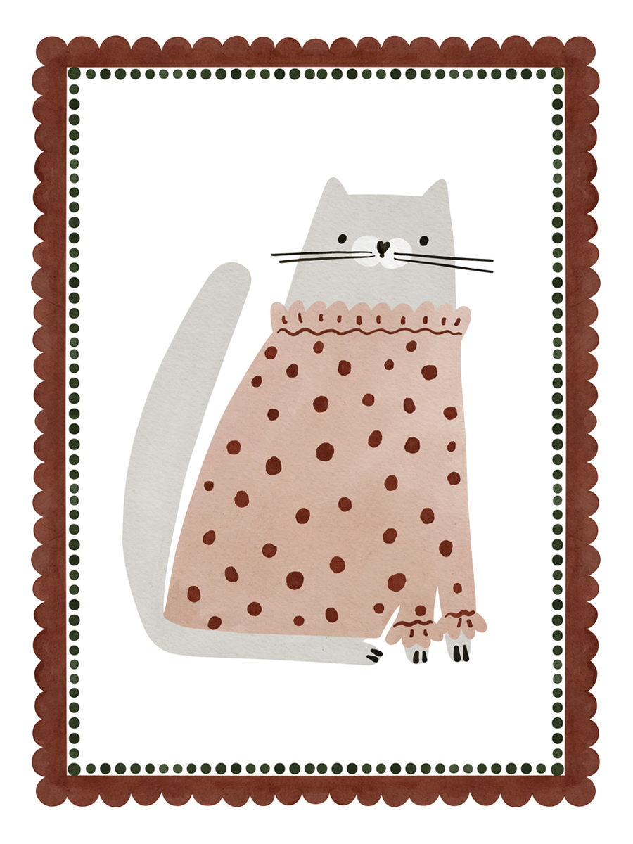 Poster einer Katze in einem rosafarbenen Kleid mit Punkten, umrahmt von einem braunen und grünen Rahmen.