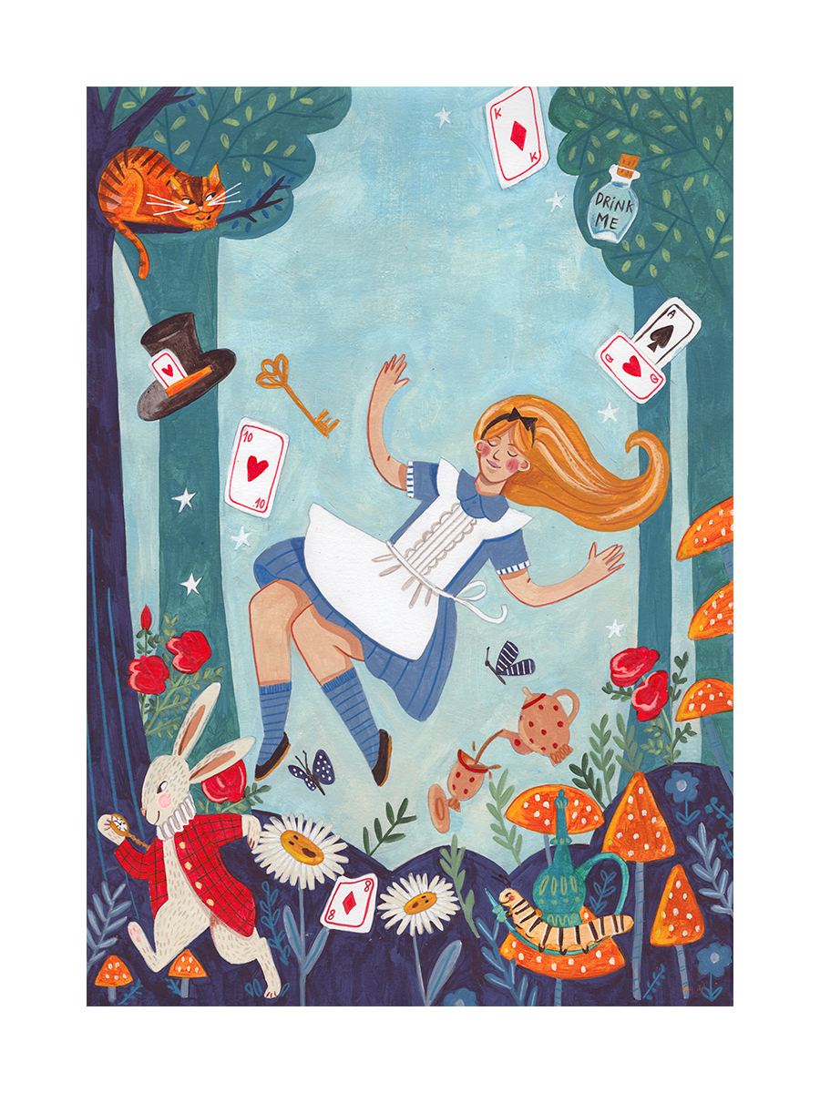 Alice fällt in den Kaninchenbau, umgeben von Spielkarten, einem Schlüssel, einer Flasche, einem Hut, einem Kaninchen, Blumen, Pilzen und einem orange gestreiften Kater.