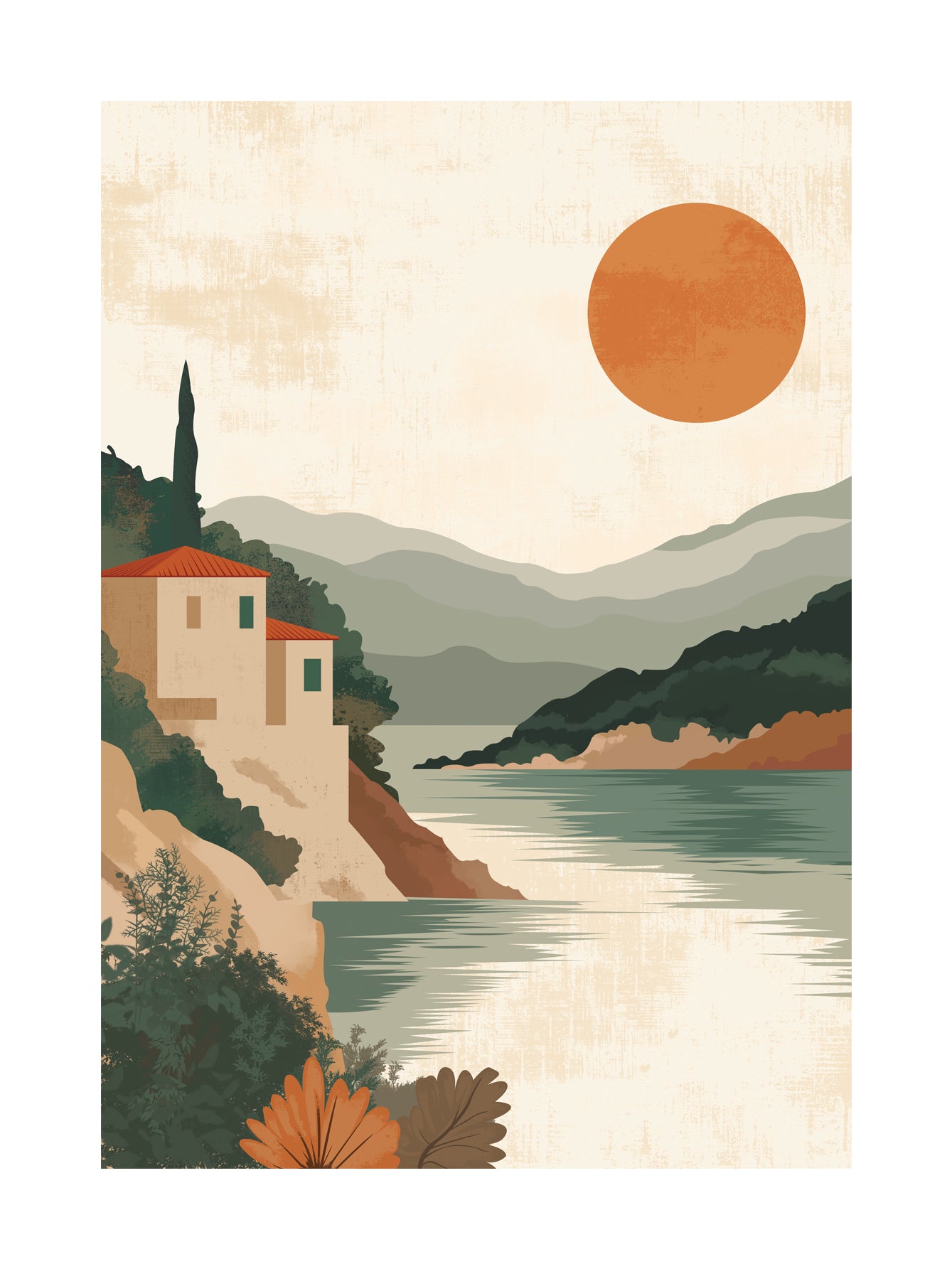 Illustration einer orangefarbenen Sonne über einem grünen See mit Hügeln und einem Haus.