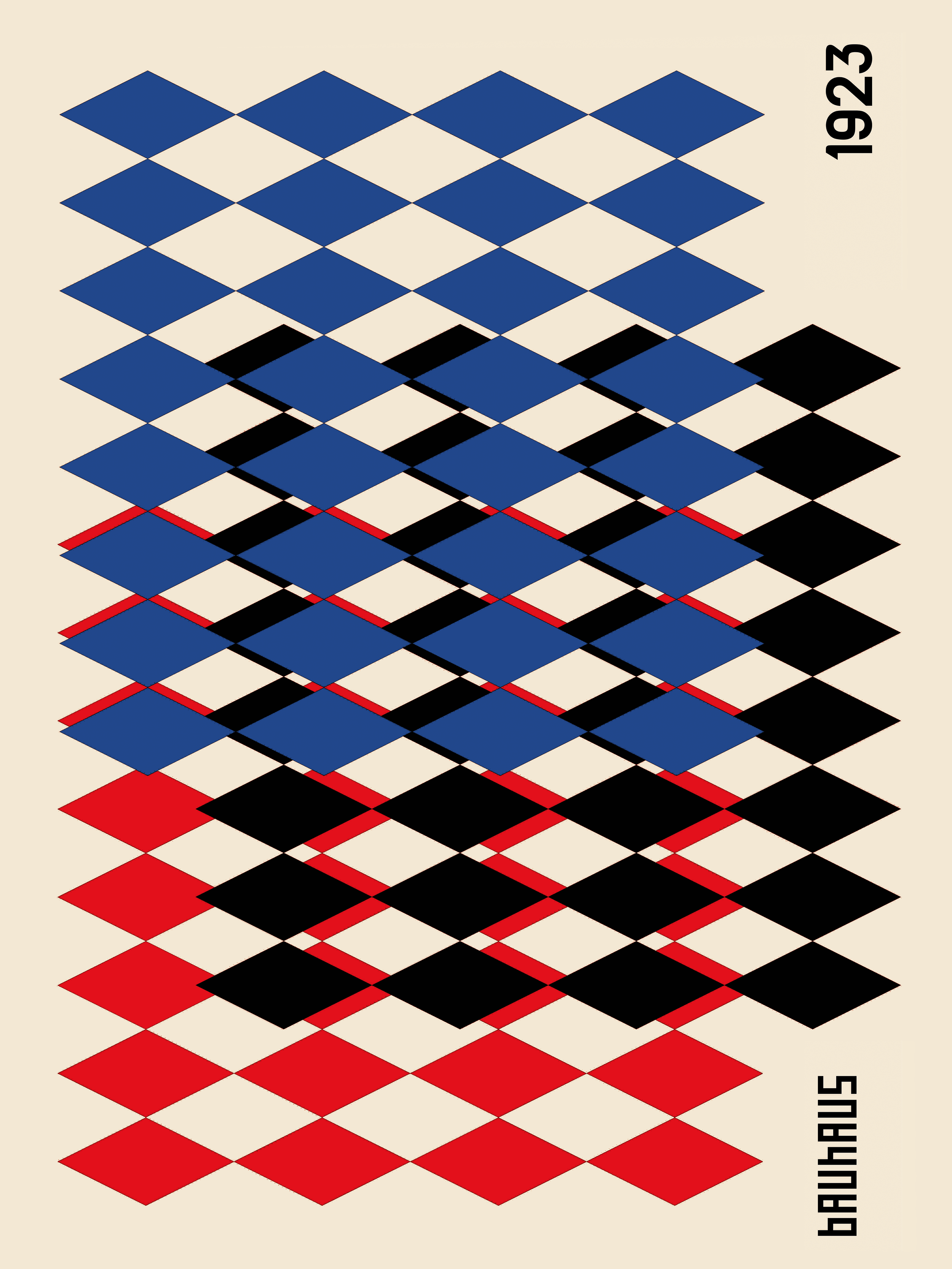 Grafische Illustration mit Rauten in Rot, Blau und Schwarz auf beigem Hintergrund mit dem Text Bauhaus und 1923.