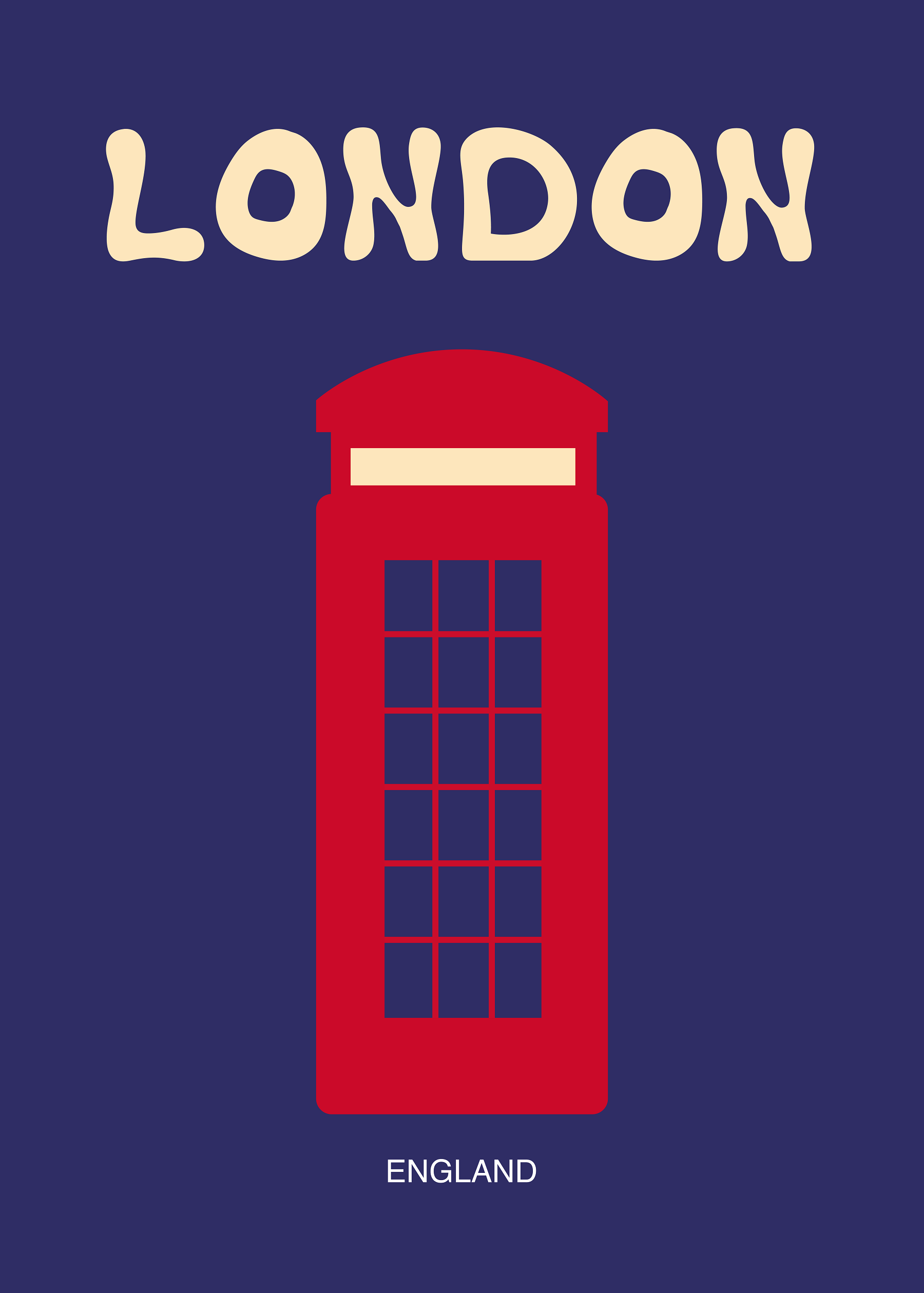 Grafische Illustration einer roten Telefonzelle auf dunkelblauem Hintergrund mit dem Text "London" oben und "England" unten.