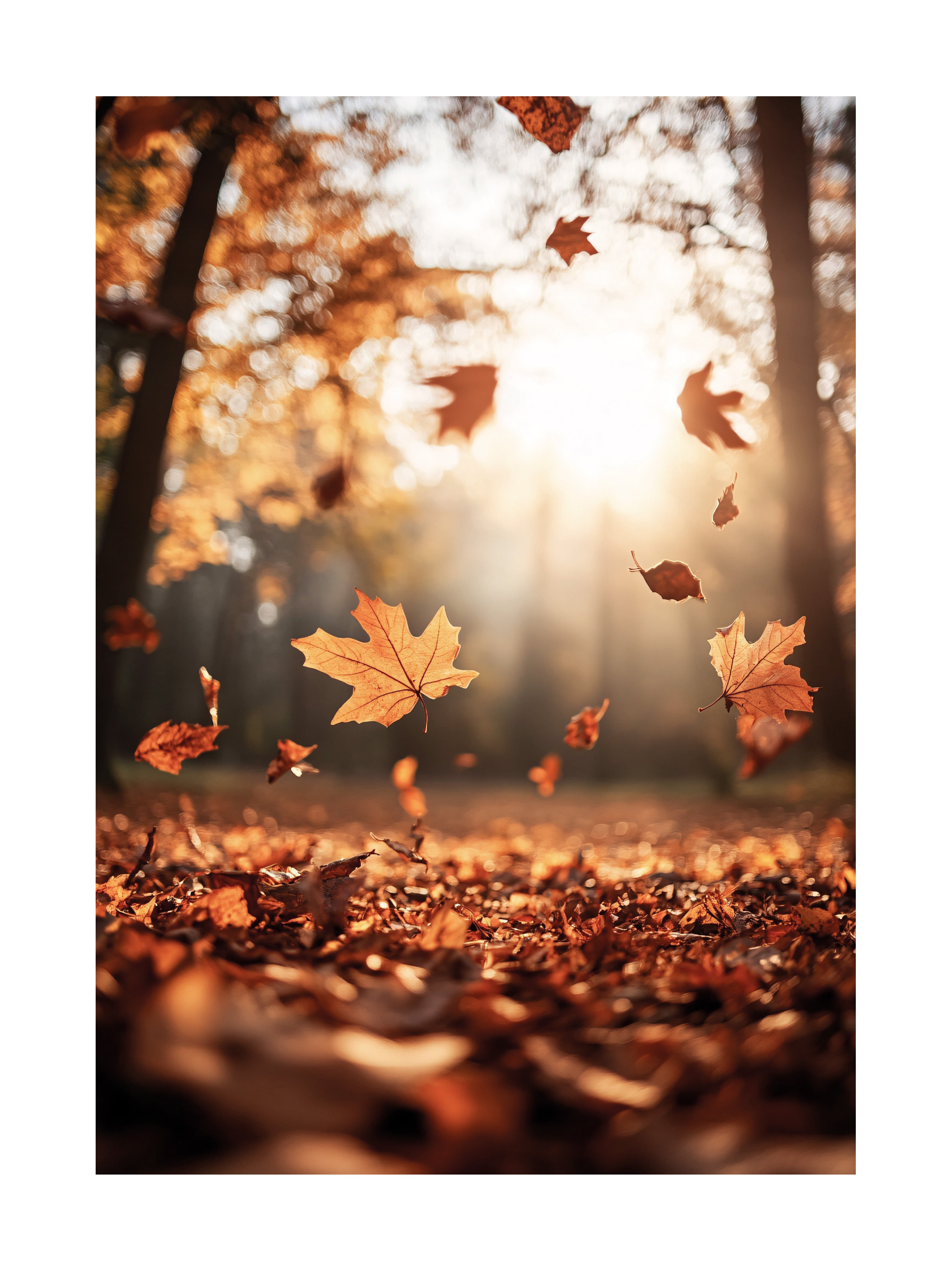 Fotografie von herabfallenden, orangefarbenen Herbstblättern mit Sonne und Bäumen im Hintergrund.