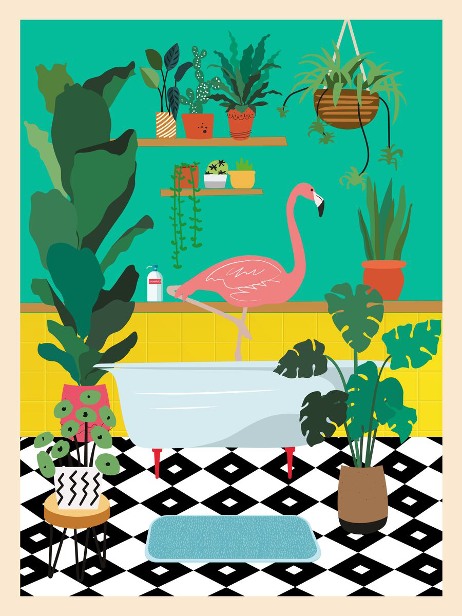 Ein Flamingo steht in einer Badewanne, umgeben von grünen Pflanzen und gelben Fliesen.