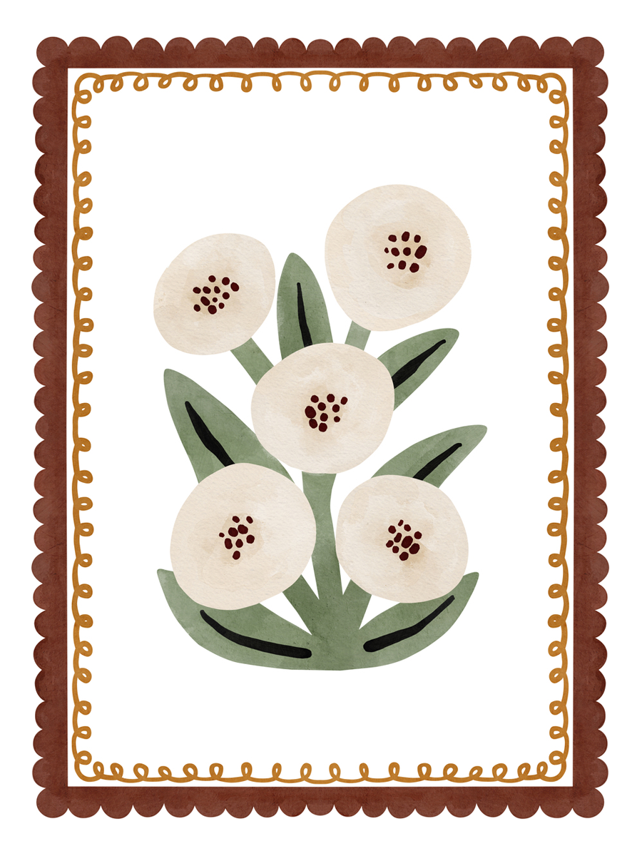 Illustration von weißen Blumen mit grünen Blättern, umrahmt von einer rotbraunen und gelben Linie.