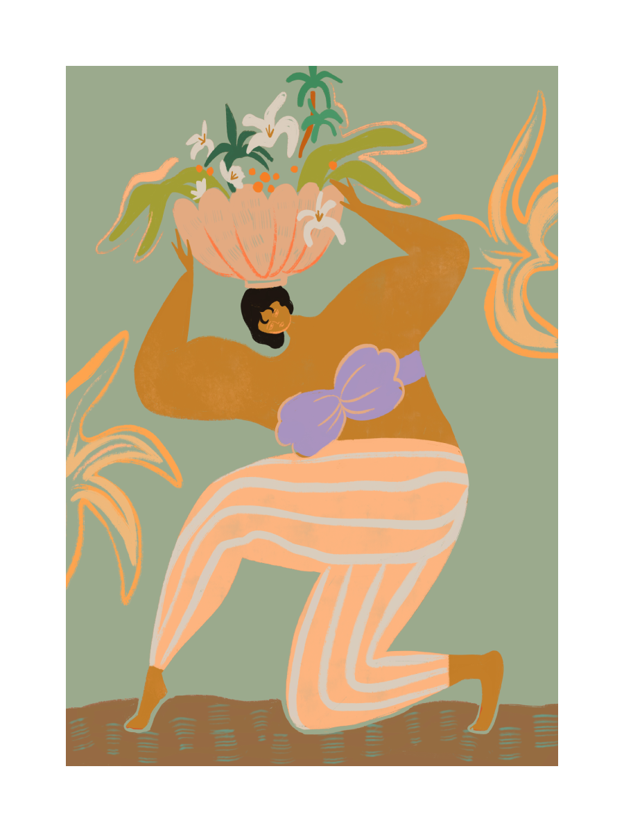 Illustration einer Person mit einer Vase voller Blumen auf dem Kopf, lila Bluse, gestreifte Hosen, grüner Hintergrund.