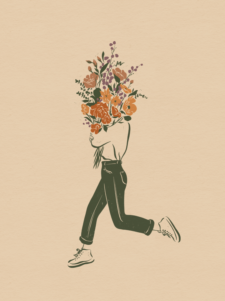 Illustration einer Person mit einem großen Blumenstrauß vor dem Gesicht, auf beigem Hintergrund.