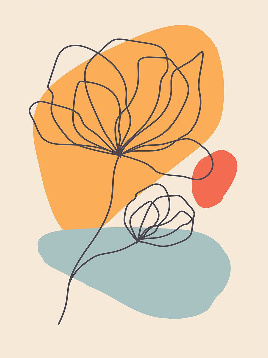 Linienzeichnung einer Blume mit einem orangefarbenen Kreis und einer blauen Form.