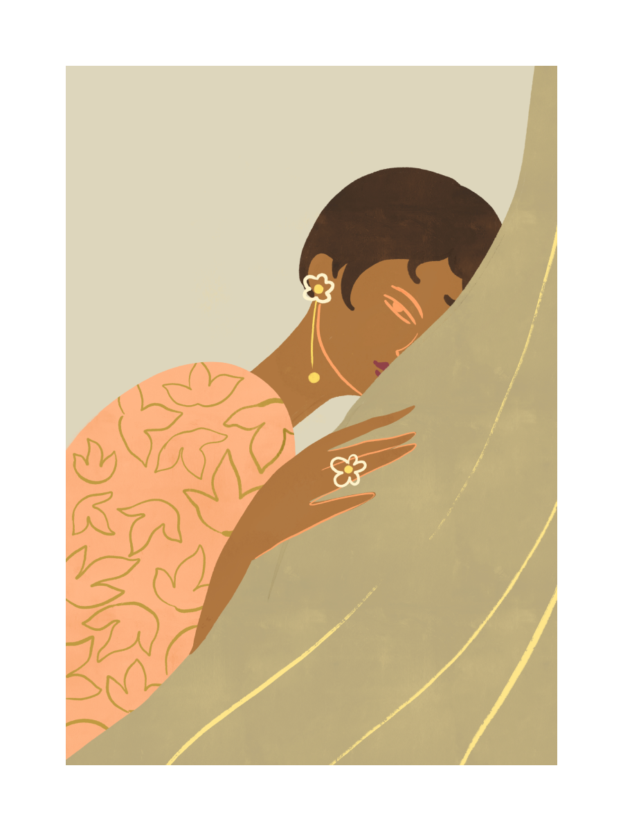 Illustration einer Frau mit einer Blume in der Hand und einem Blumenohrring.