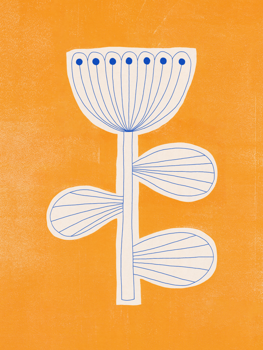 Grafische Illustration einer Blume in Blau und Weiß auf orangefarbenem Hintergrund.