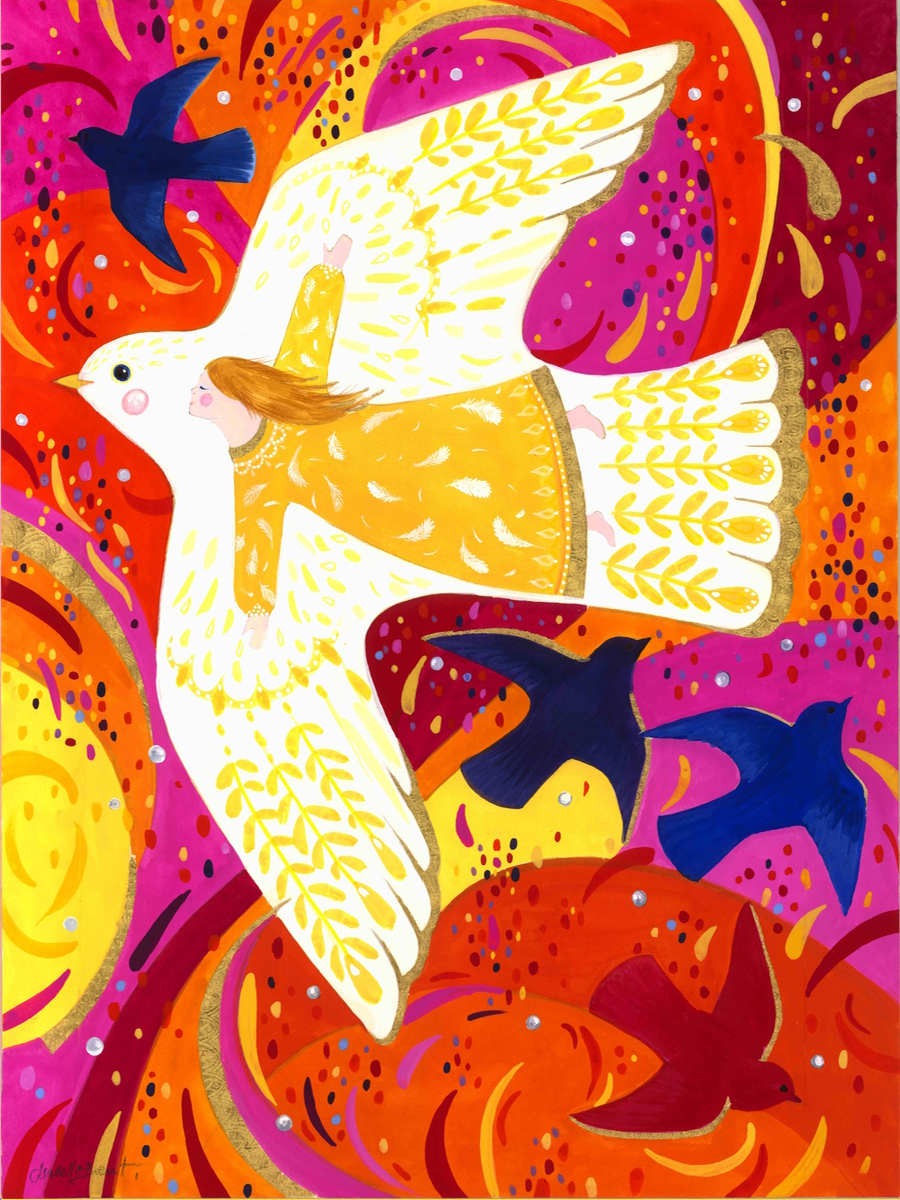 Ein Mädchen fliegt auf einem großen weißen Vogel, umgeben von einem roten, orangefarbenen und pinken Hintergrund mit weiteren Vögeln in Schwarz, Blau und Rot.