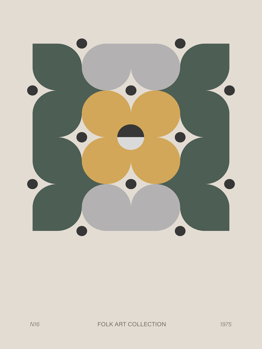 Grafische Illustration mit gelber Blume und grauen und grünen Blättern auf hellbeigem Hintergrund, Text: Folk Art Collection 1975.