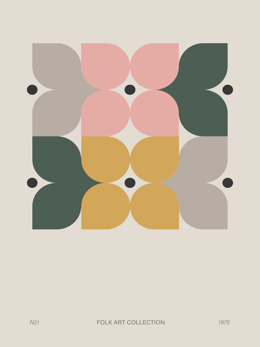 Grafisches Poster mit Blütenblättern in Rosa, Gelb, Grün und Beige und dem Text „FOLK ART COLLECTION 1975“.