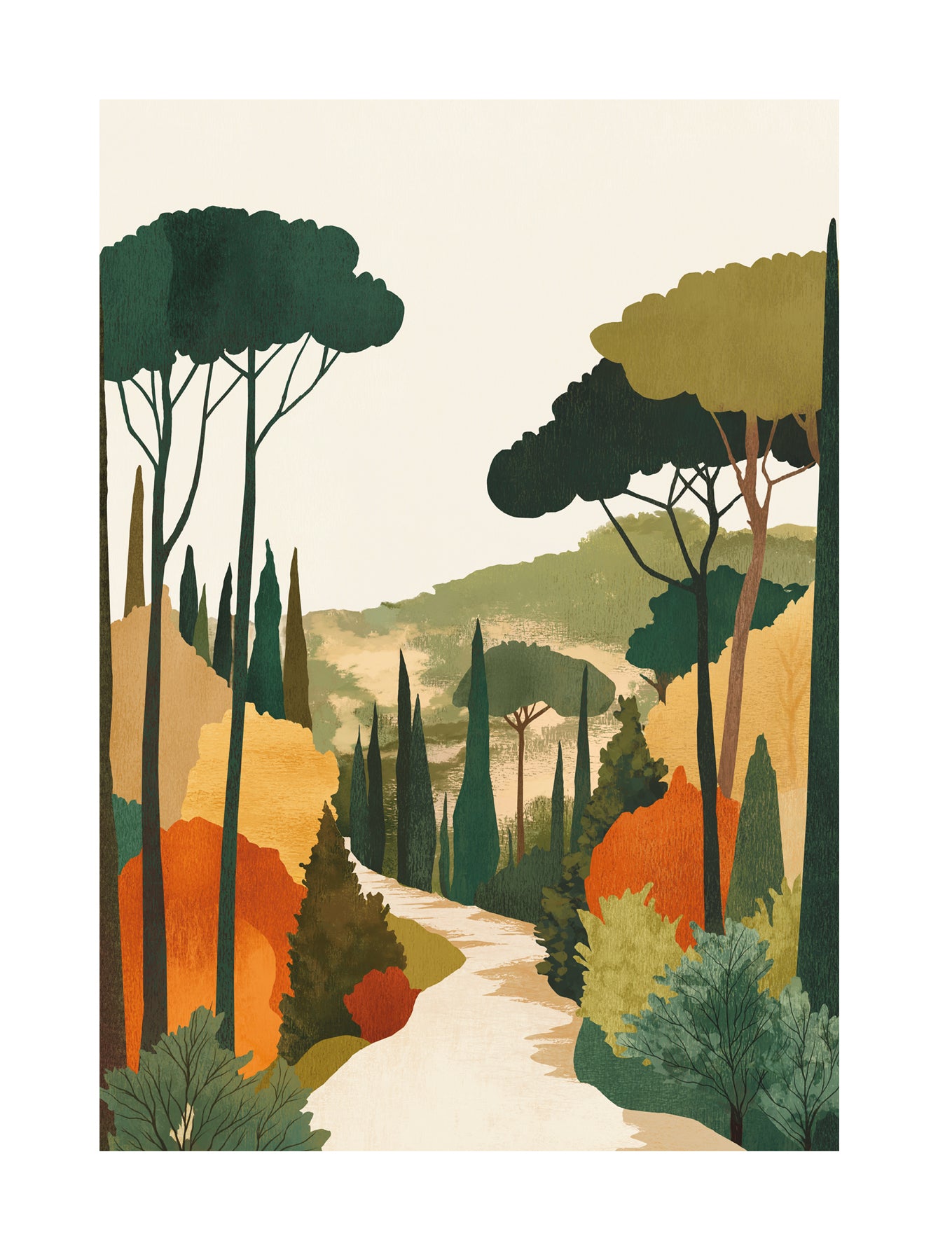 Illustration einer toskanischen Landschaft mit einem Weg zwischen Bäumen in Herbstfarben und klarem Himmel.