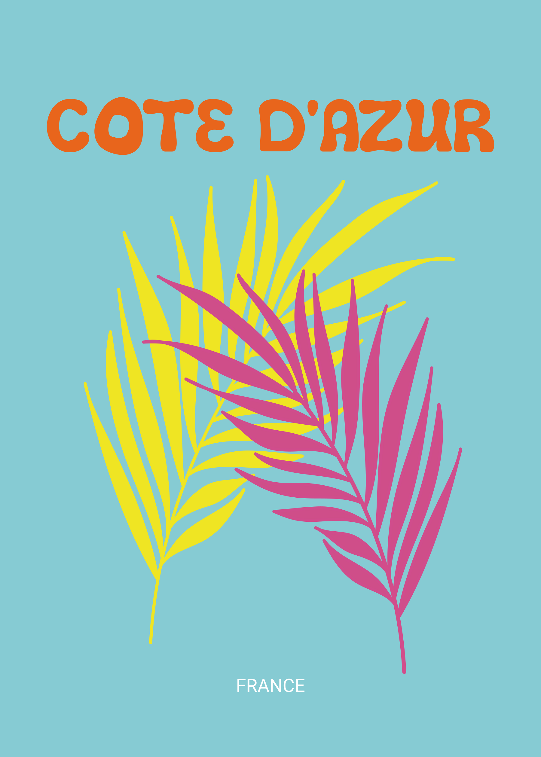 Poster mit dem Text Cote d'Azur in Orange über gelben und rosa Blättern auf türkisfarbenem Hintergrund.