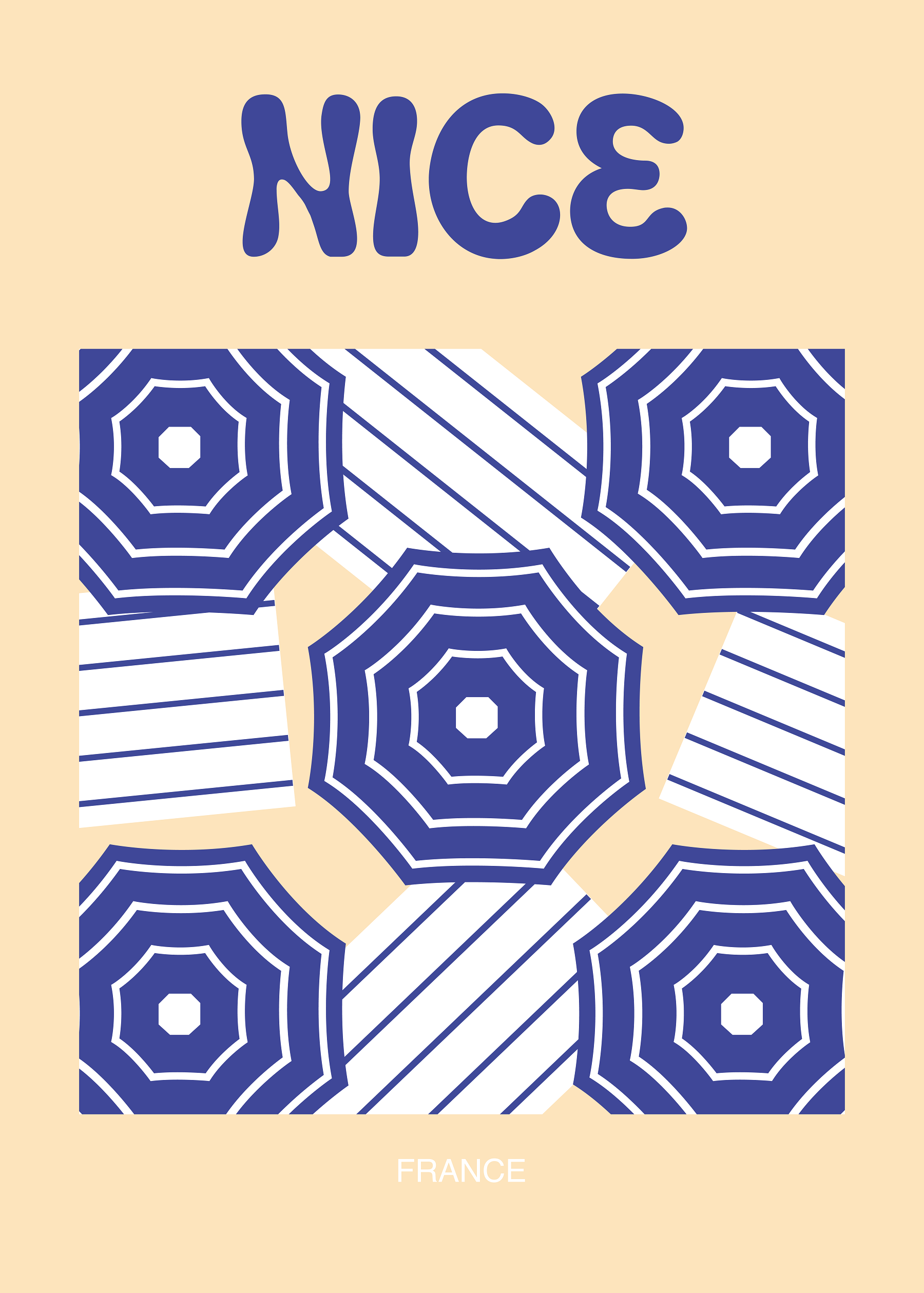 Grafisches Poster mit blauen und weißen gestreiften Sonnenschirmen auf beigem Hintergrund, mit den Worten „Nice“ oben und „France“ unten.