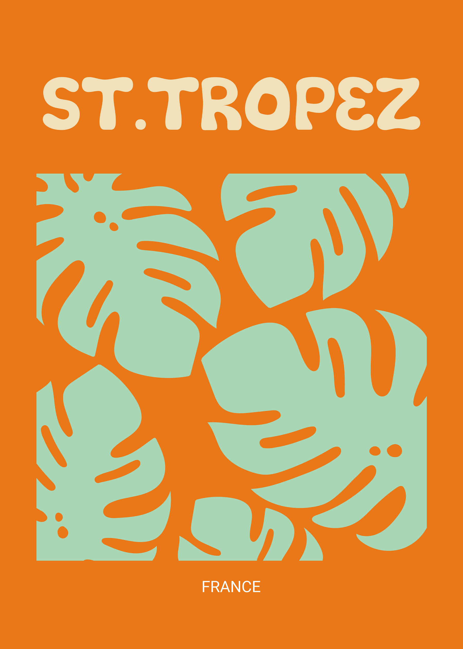 Grafische Illustration mit grünen Monstera-Blättern auf orangefarbenem Hintergrund, Text St. Tropez France.