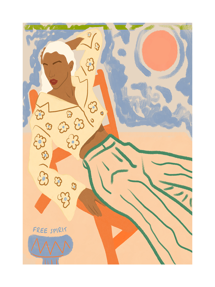 Frau in gelbem Outfit auf einem Stuhl vor blauem Himmel mit rosa Sonne, Text "Free Spirit".