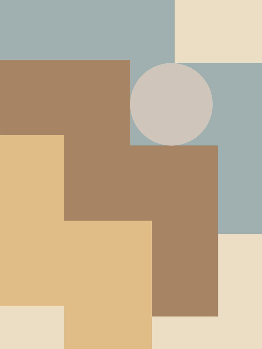 Grafische Kunst mit geometrischen Formen in Blau, Beige und Braun.