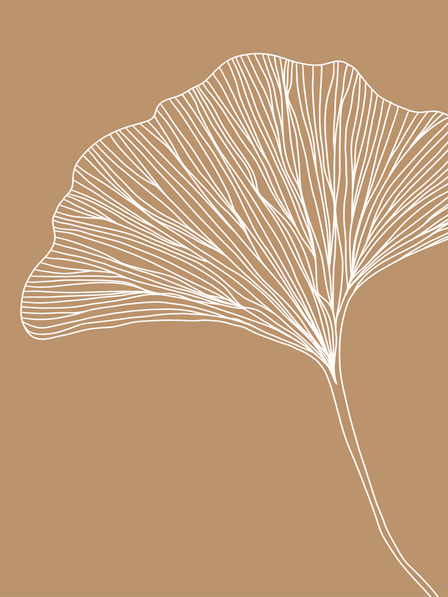 Weiße Ginkgo-Blatt-Illustration auf hellbraunem Hintergrund.