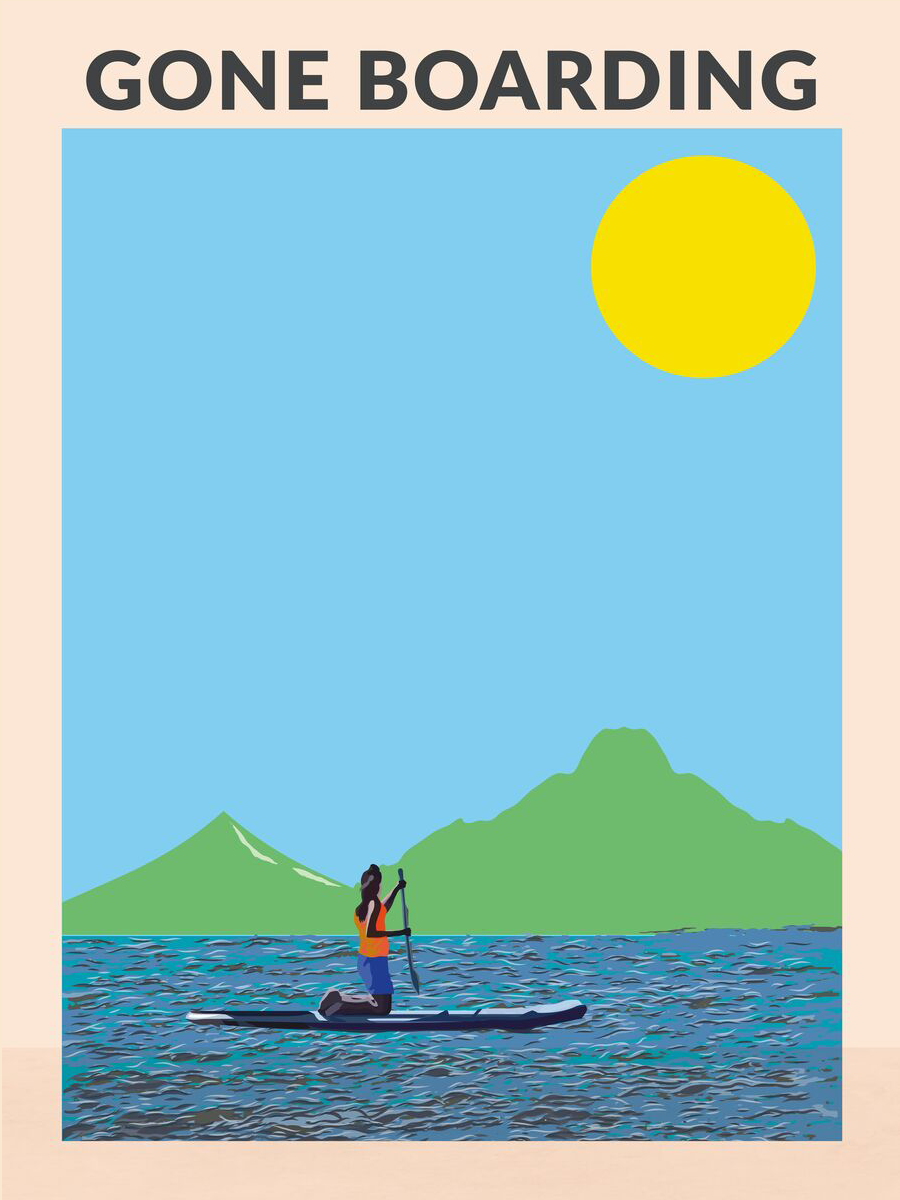 Grafische Illustration einer Person auf einem SUP-Board vor einem Berg mit blauem Himmel und gelber Sonne.