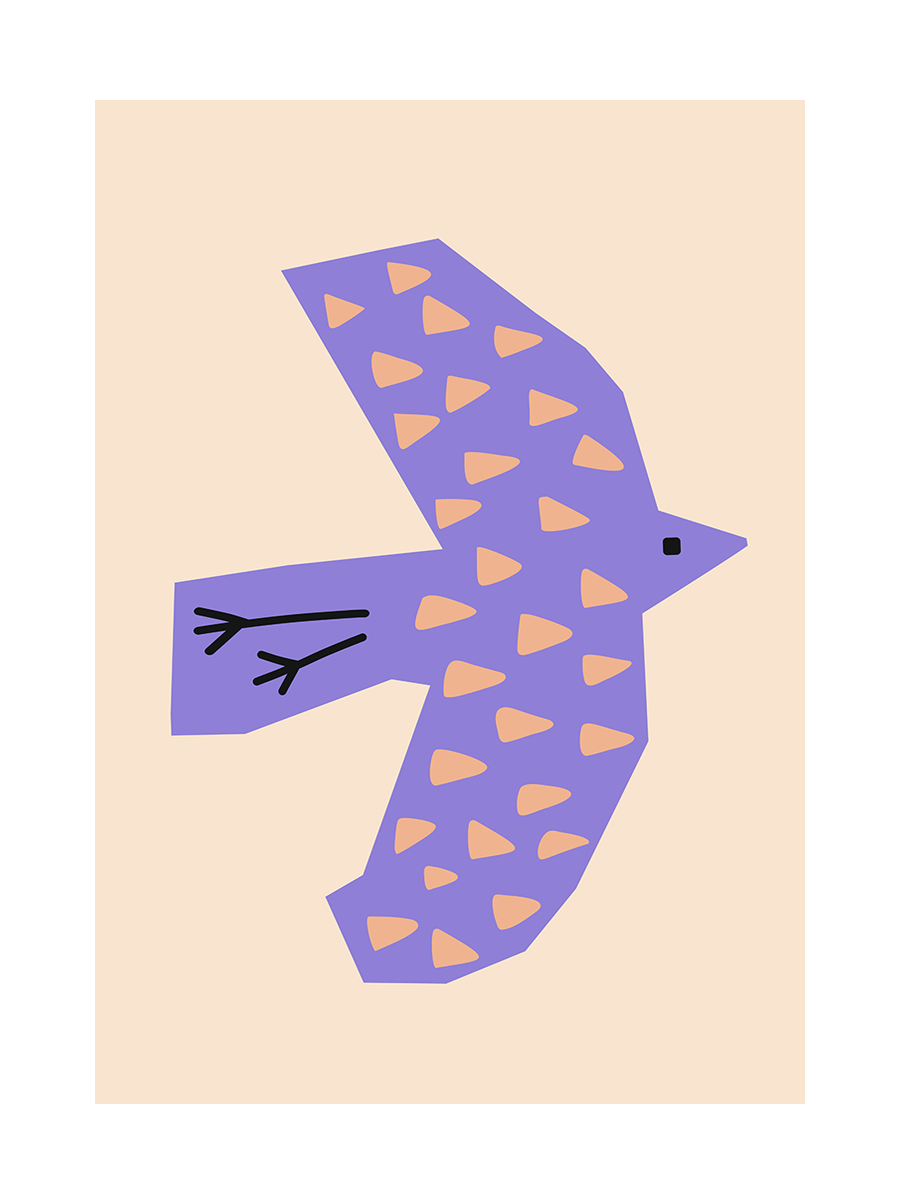 Illustration eines lila Vogels mit orangefarbenen Dreiecken auf hellbeigem Hintergrund.