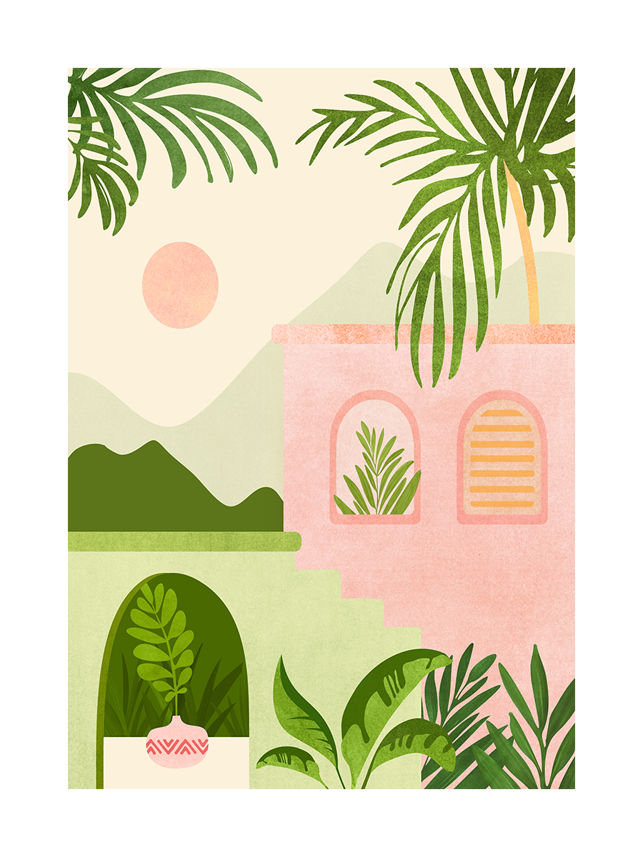 Grafische Illustration von Pflanzen, einem rosa Gebäude, grüner Landschaft, Bergen und einer rosa Sonne.