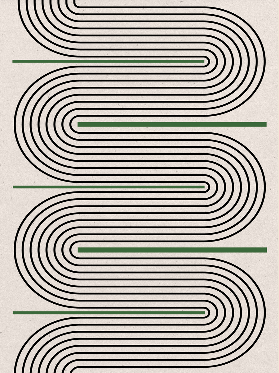 Grafisches Poster mit schwarzen Linien und grünen Streifen auf beigem Hintergrund.