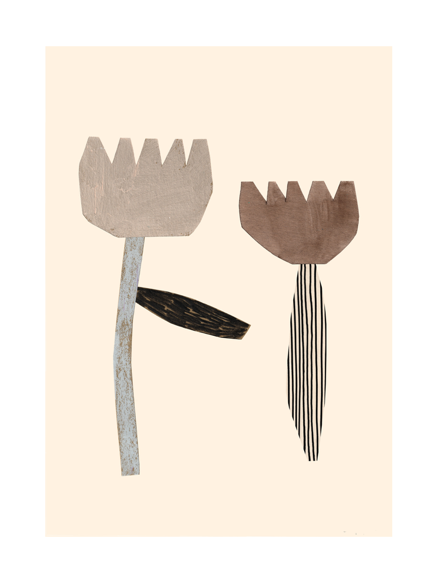 Grafische Illustration von zwei abstrakten Blumen mit beigem Hintergrund.