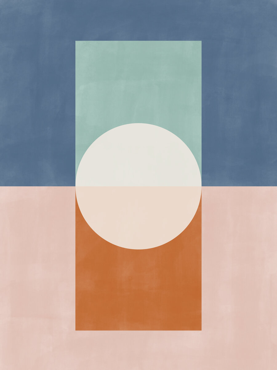 Grafik mit geometrischen Formen in Blau, Grün, Weiß und Orange auf einem abstrakten Hintergrund.