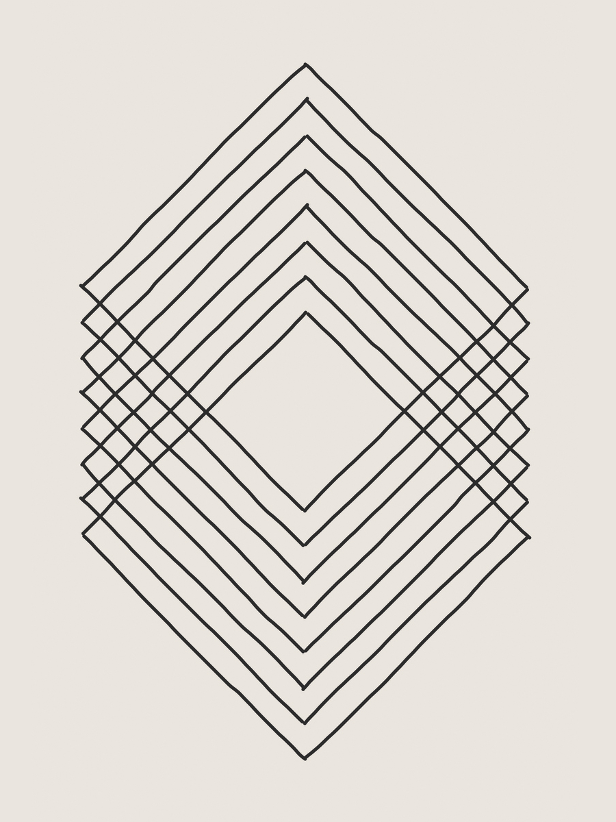 Grafische Illustration mit einem geometrischen Muster in Schwarz auf beigem Hintergrund.