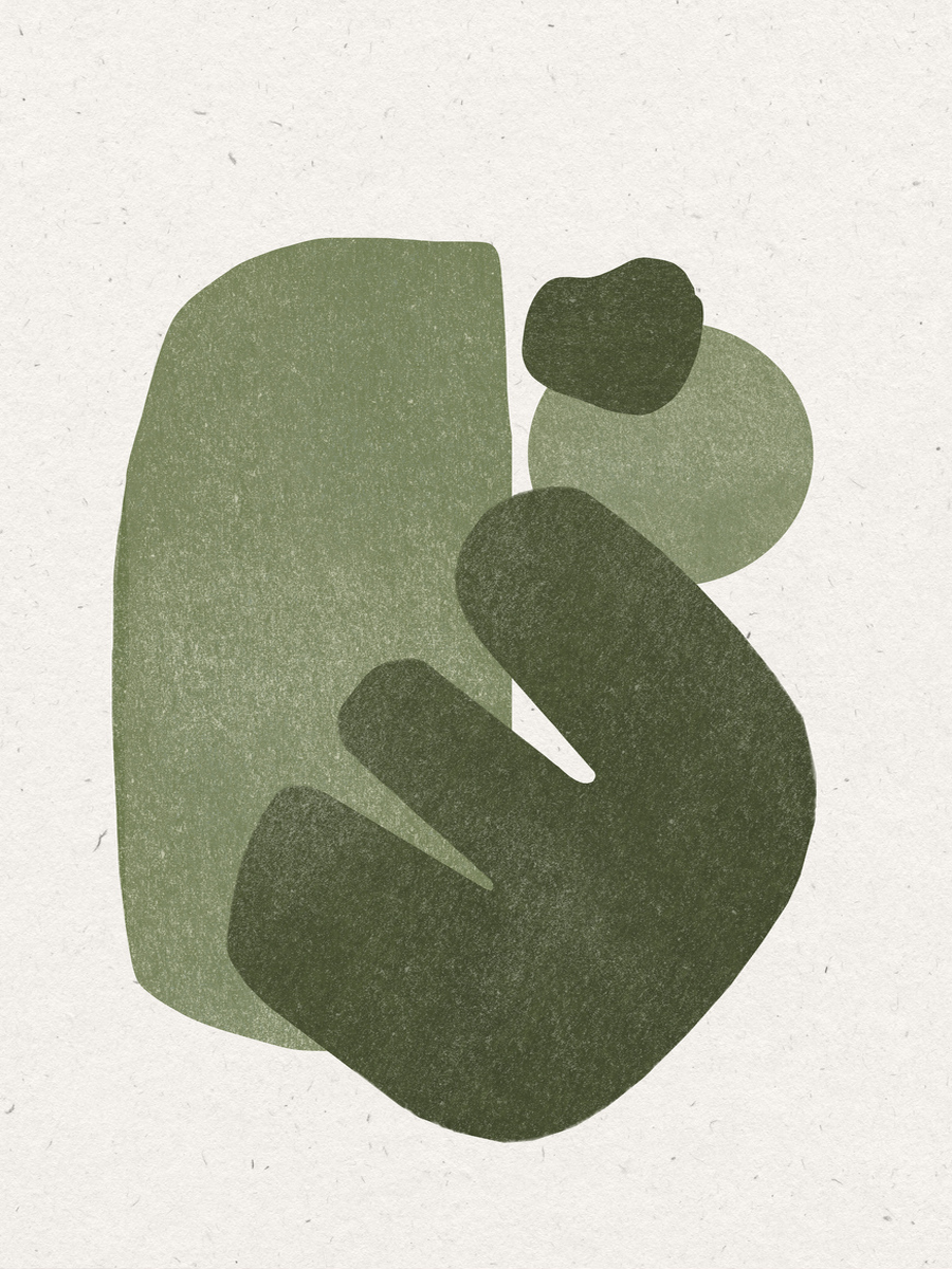 Grafische Illustration mit abstrakten grünen Formen auf beigem Hintergrund.