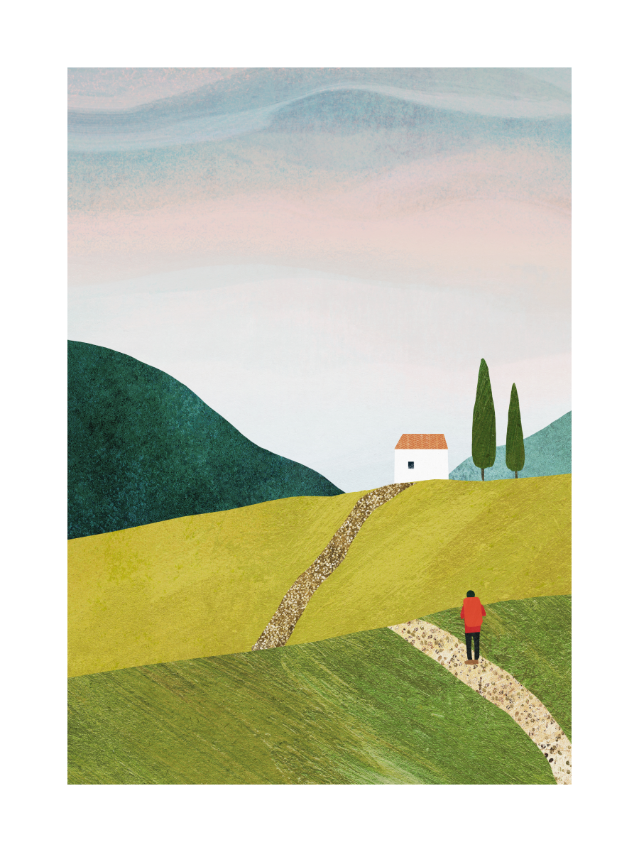Grafische Illustration einer Person in rotem Mantel auf einem Weg durch eine grüne Landschaft mit Haus im Hintergrund.