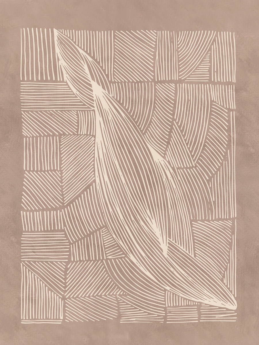 Grafische Illustration eines großen Blattes in Weiß auf braunem Hintergrund mit abstraktem Muster.