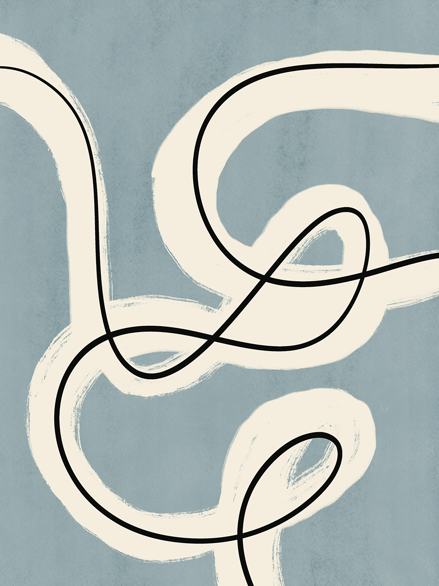 Minimalistische Linienkunst mit dunkel- und hellblauen, weißen und schwarzen Linien und Punkten.