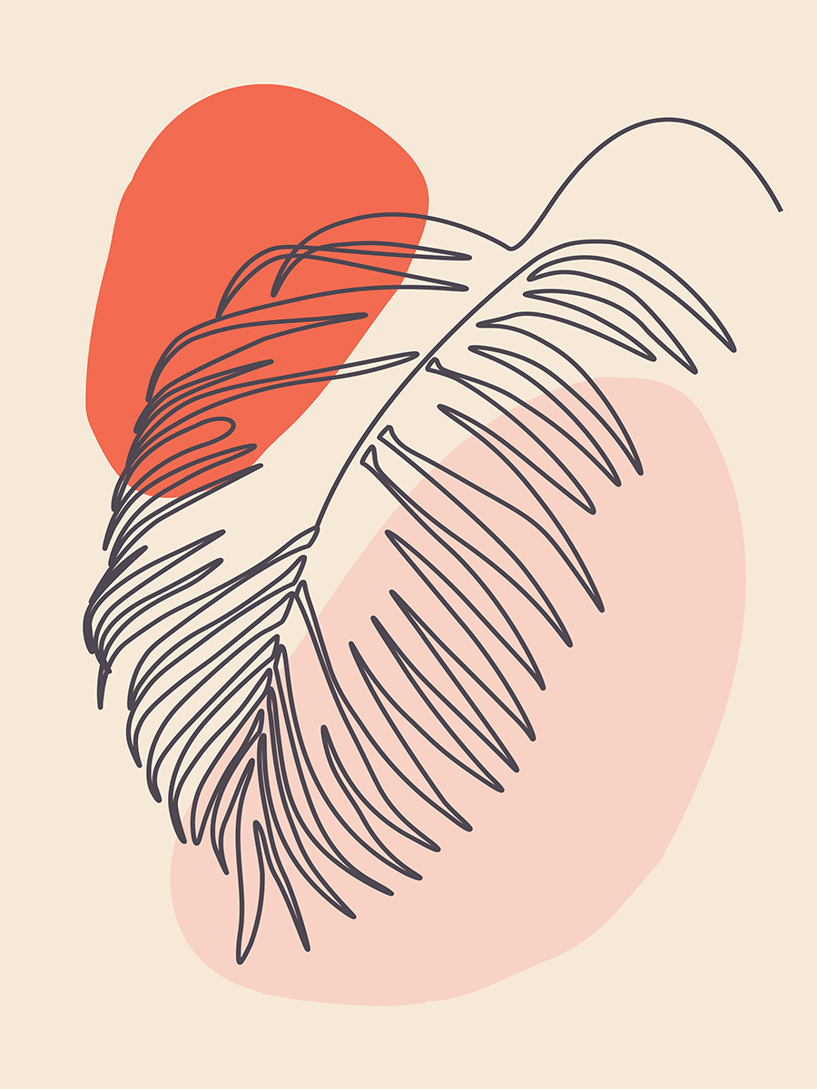 Grafische Illustration mit schwarzem Monstera-Blatt auf orangefarbenen und rosafarbenen Kreisen.