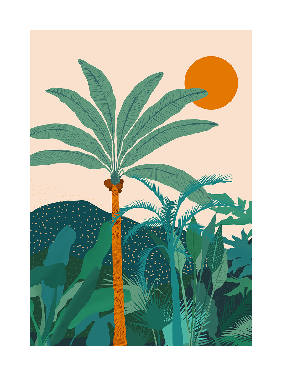 Illustration einer Palme in einer grünen Landschaft mit einer orangefarbenen Sonne im Hintergrund.