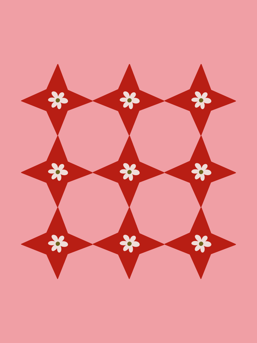 Grafische Illustration mit kleinen weißen Blumen in roten Sternen auf rosa Hintergrund.