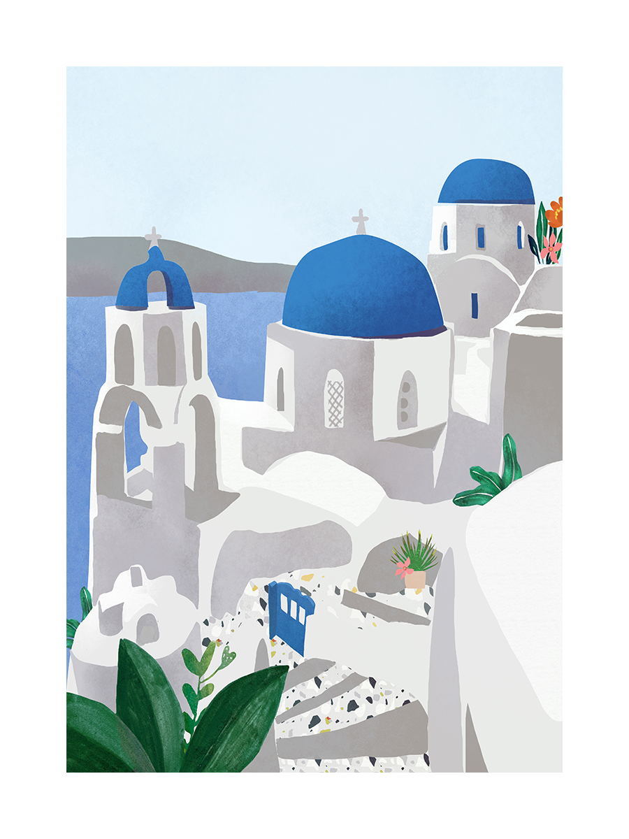Grafische Illustration von Santorini in Blau und Weiß mit grünen Pflanzen.