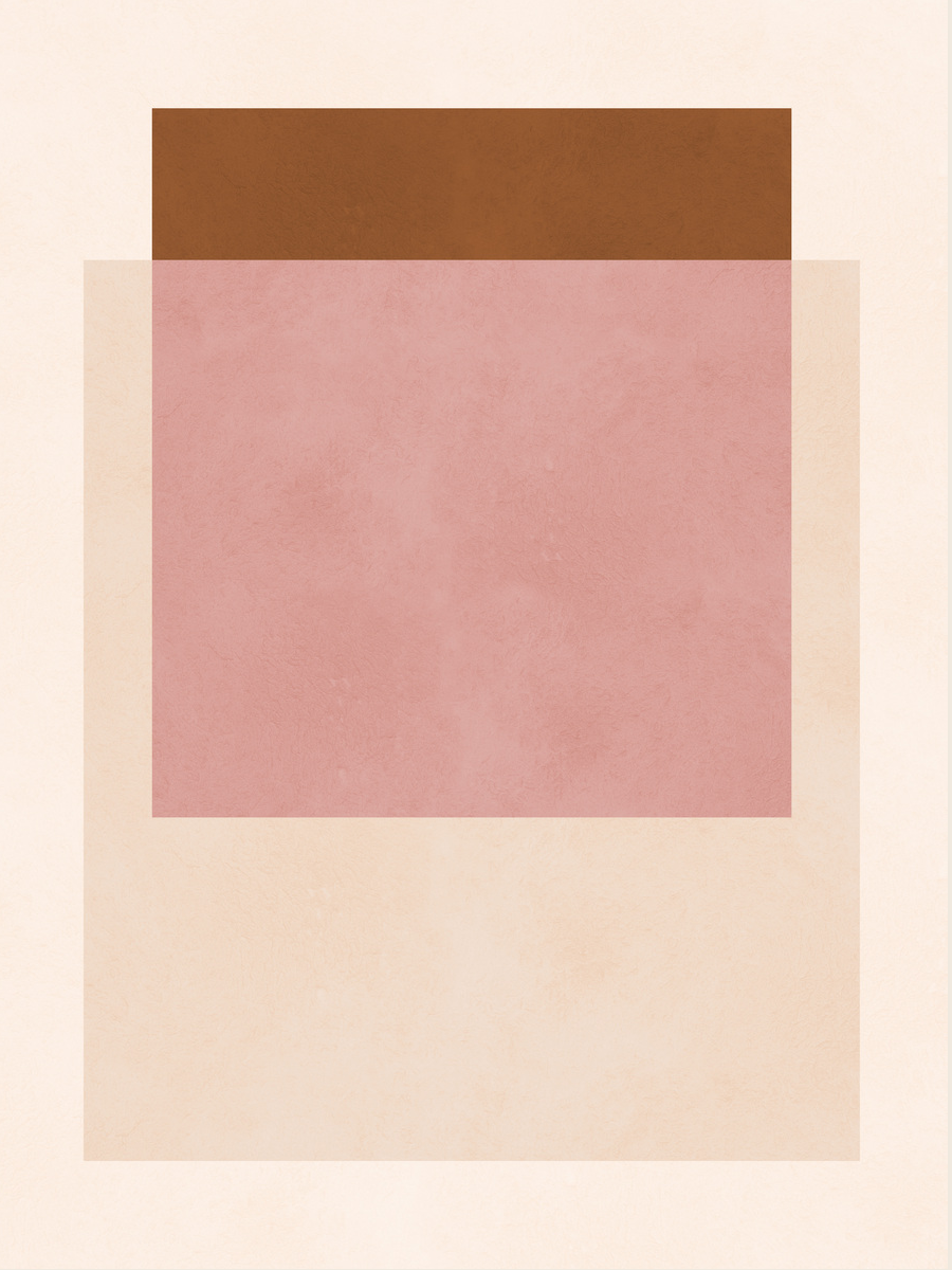 Grafische Kunst mit Quadraten in Braun und Rosa auf beigem Hintergrund.