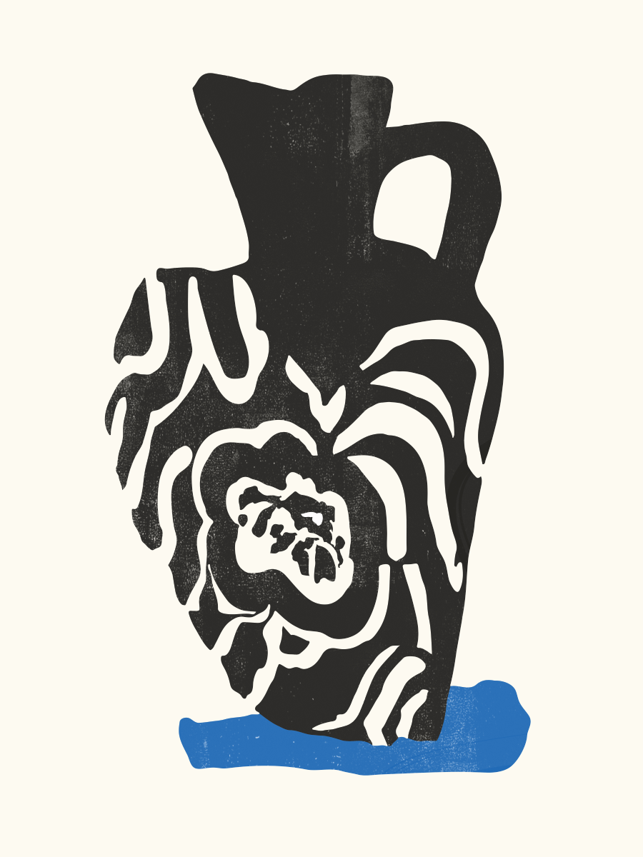 Poster mit einer schwarz-weißen Vase auf blauem Hintergrund, minimalistisches Design.