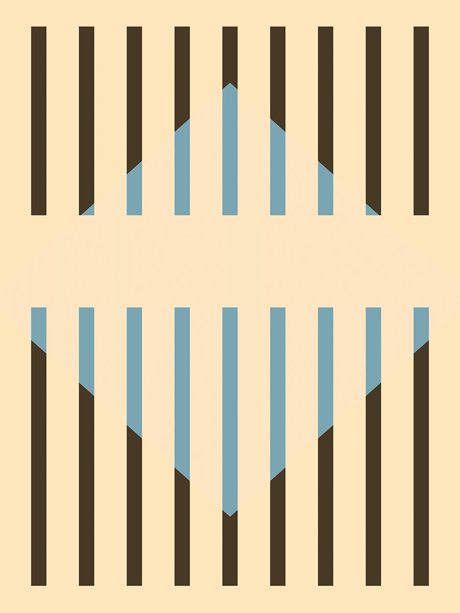 Grafische Illustration mit schwarzen und blauen Streifen auf beigem Hintergrund.