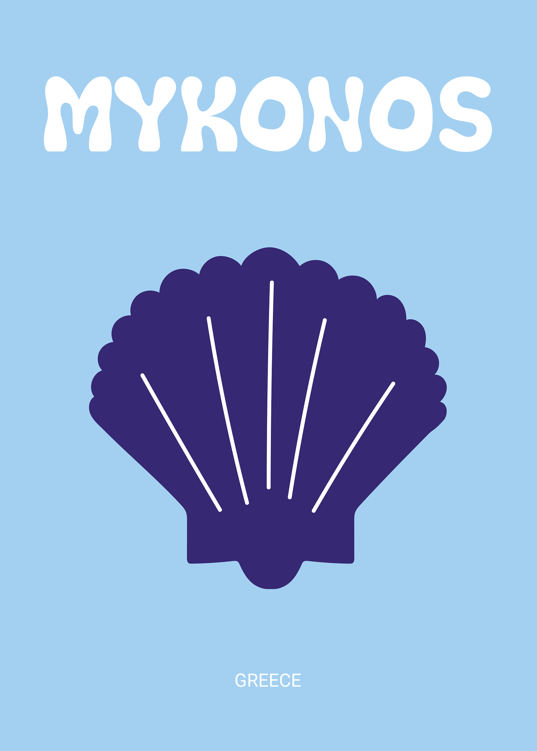 Grafische Muschel auf blauem Hintergrund mit dem Text "Mykonos" und "Greece".
