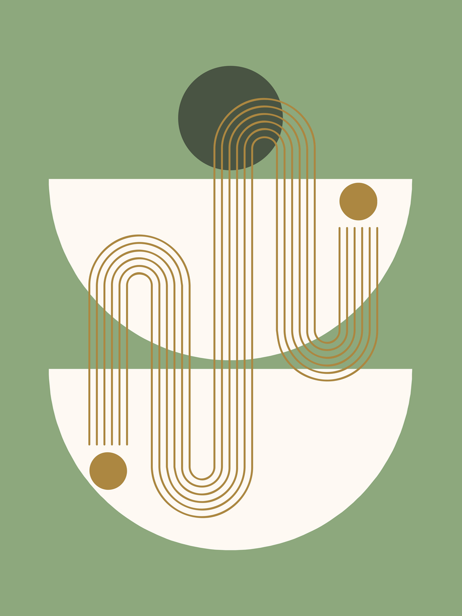 Grafik mit Kreisen und Linien in Grün, Gold und Weiß auf grünem Hintergrund.
